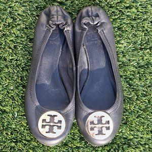 Tory Burch Reva Leather Ballerina Flats, Black & Gold, Size 8M